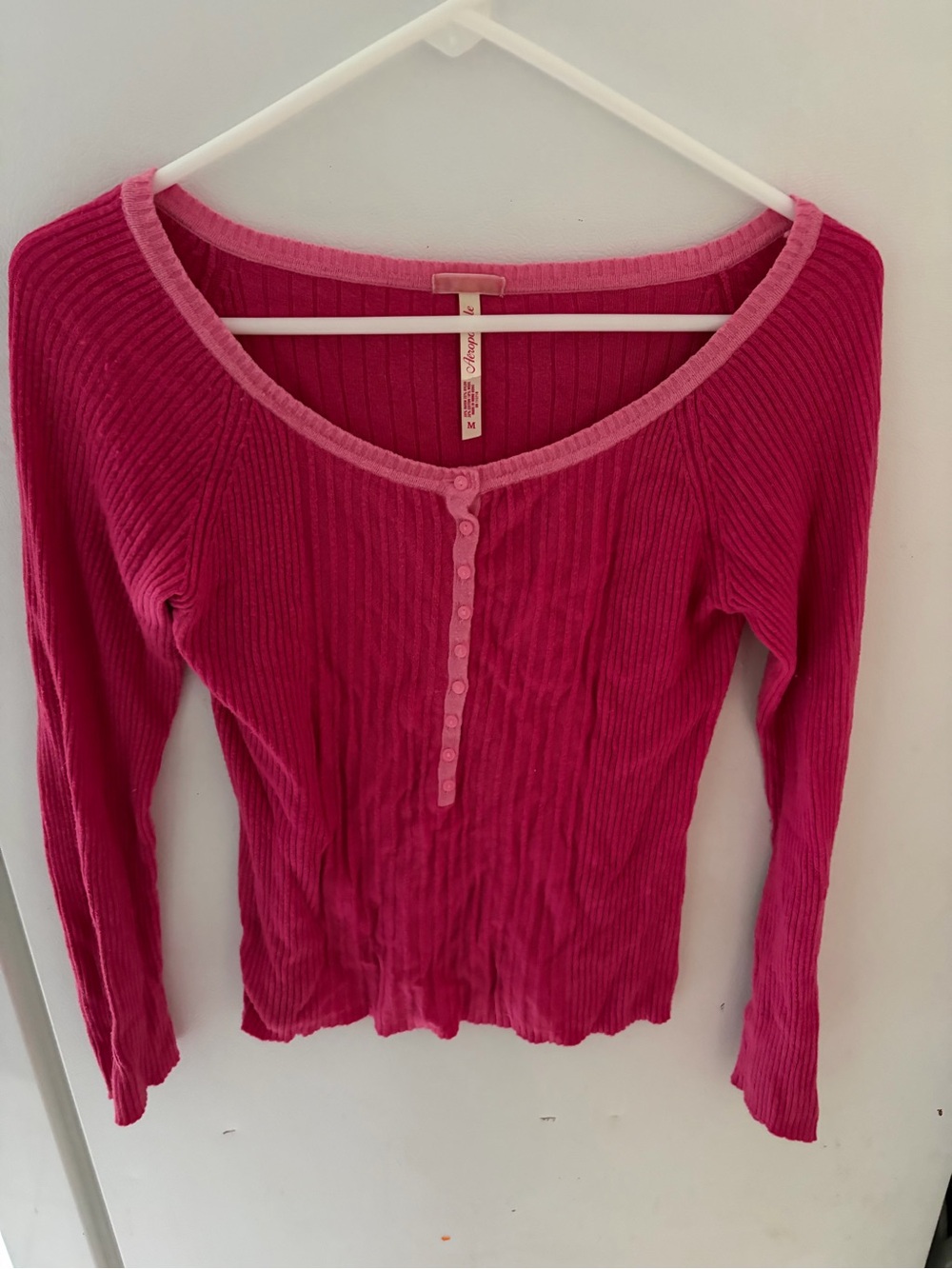 Aeropostale Ribbed Henley Long Sleeve Top — Bright Pink
